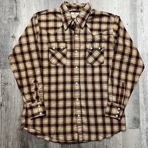 VTG DeeCee Brand Sawtooth Pearl Snap Beige Plaid Western Shirt Men's 16 1/2-35